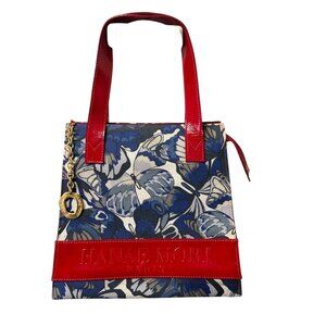 Hanae Mori Paris Red Patent Leather & Floral Canvas Tote Bag With Gold Chain Key